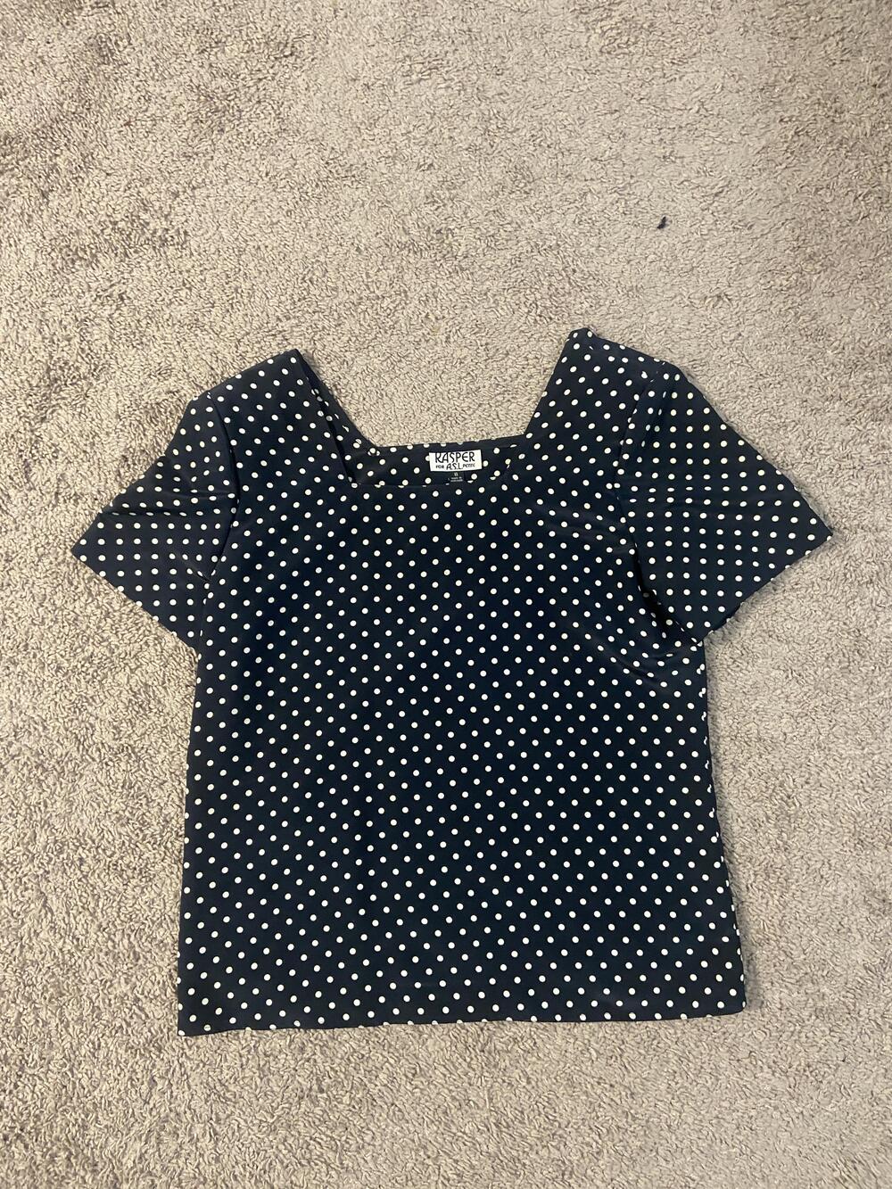 Vintage Kasper Shirt Top Womens 8 Petite Navy Blue Polka Dot Square Neck 90s
